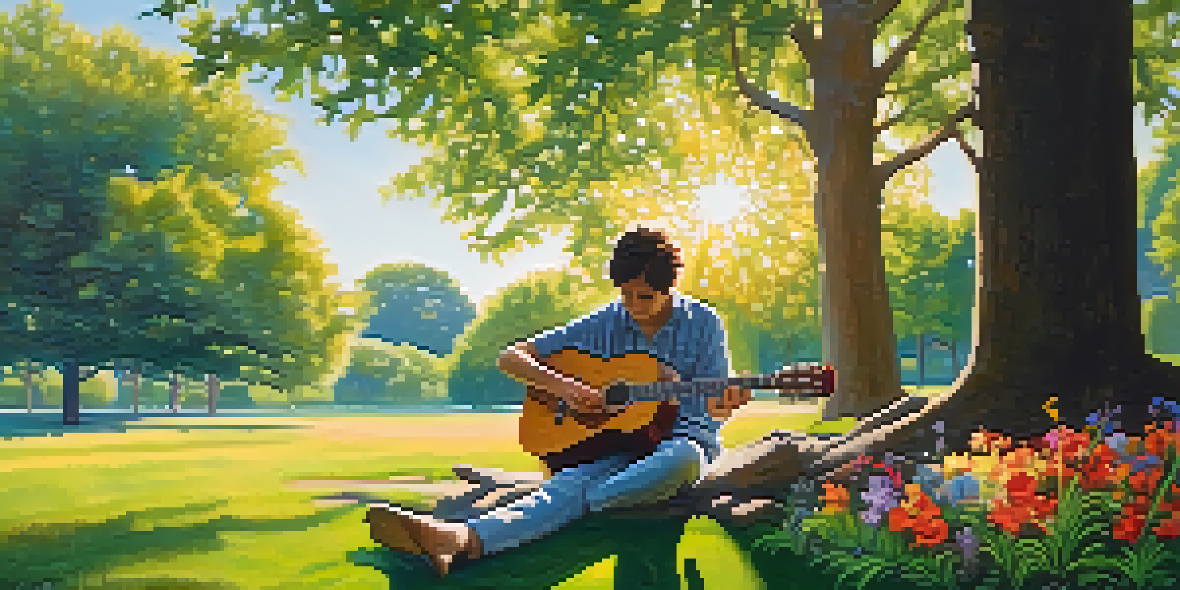 A guitarist playing an acoustic guitar in a sunny park with green trees and colorful flowers around.