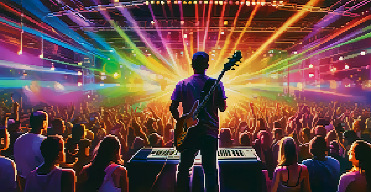 A dynamic live concert with a musician on stage, colorful lights, and sound waves radiating from the performance.