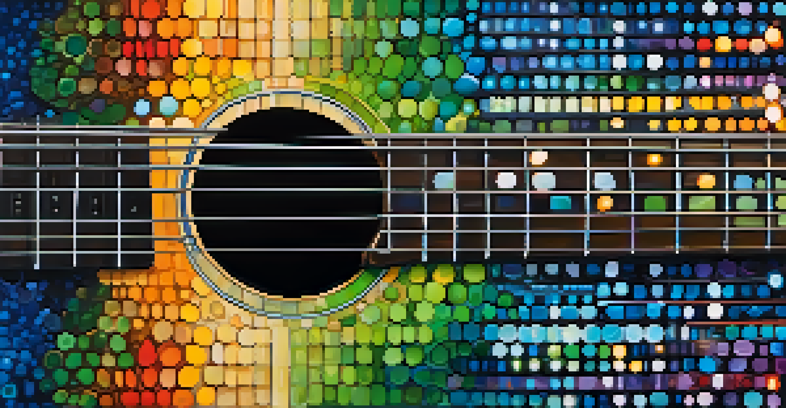 A vibrant guitar fretboard displaying colorful scale patterns against a gradient background representing emotional depth in music.
