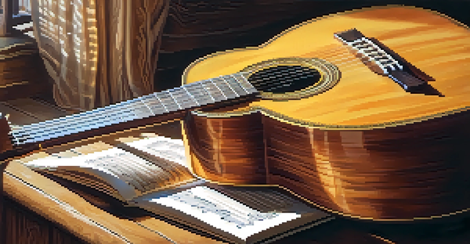 A close-up view of a classical guitar on a wooden table, with sheet music around it, bathed in soft golden light.
