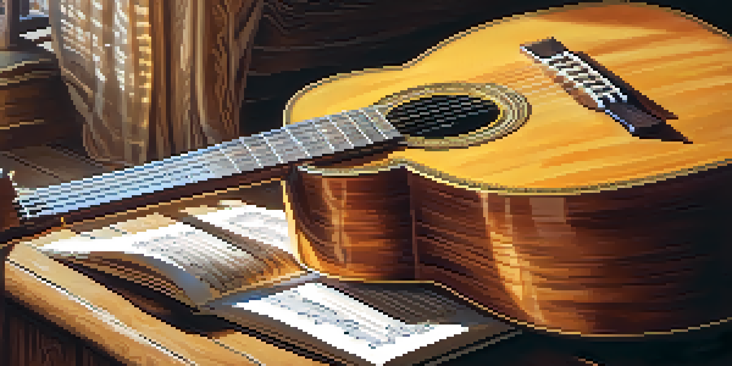 A close-up view of a classical guitar on a wooden table, with sheet music around it, bathed in soft golden light.