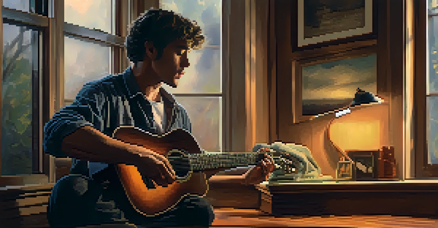 A musician adjusting a guitar's truss rod in a cozy, dimly-lit room, focusing on their hands.