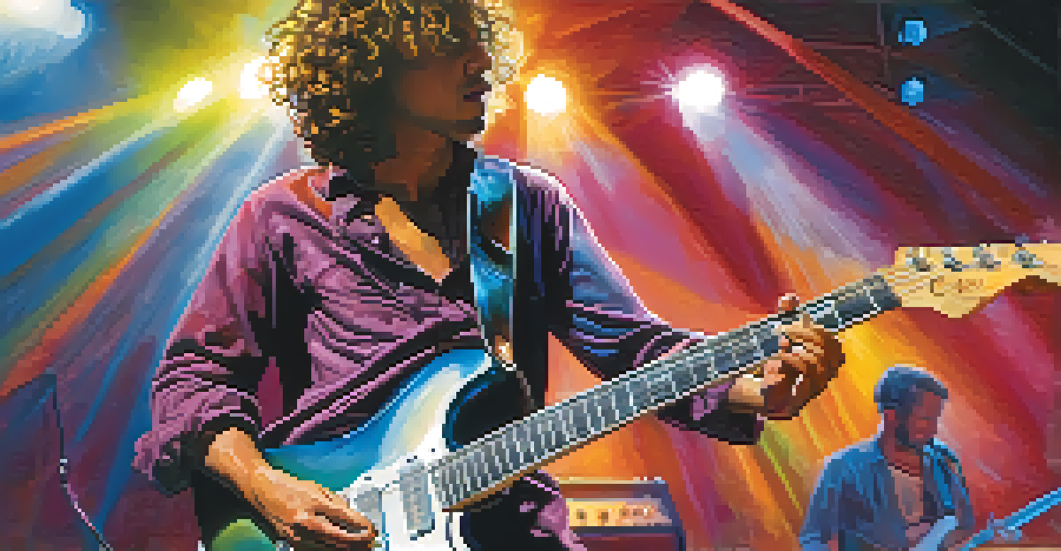 A guitarist performing on stage with colorful lights, depicting energy and movement while the audience enjoys the show.
