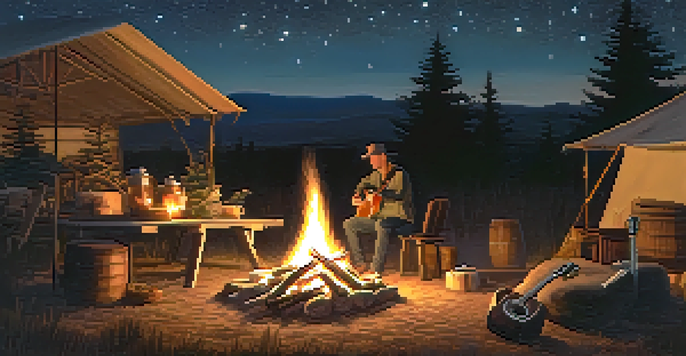A musician playing an acoustic guitar by a campfire at night with a starry sky.