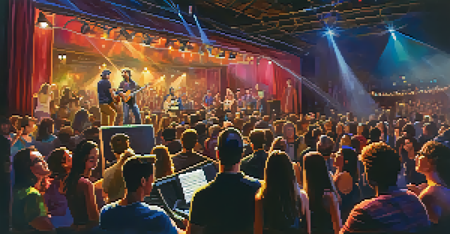 An open mic night with musicians on stage, a producer in the audience, and colorful lights creating an energetic atmosphere.