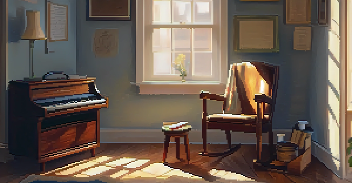 A warm, inviting room featuring a vintage guitar, a notebook with lyrics, and a cup of tea, all illuminated by soft sunlight.