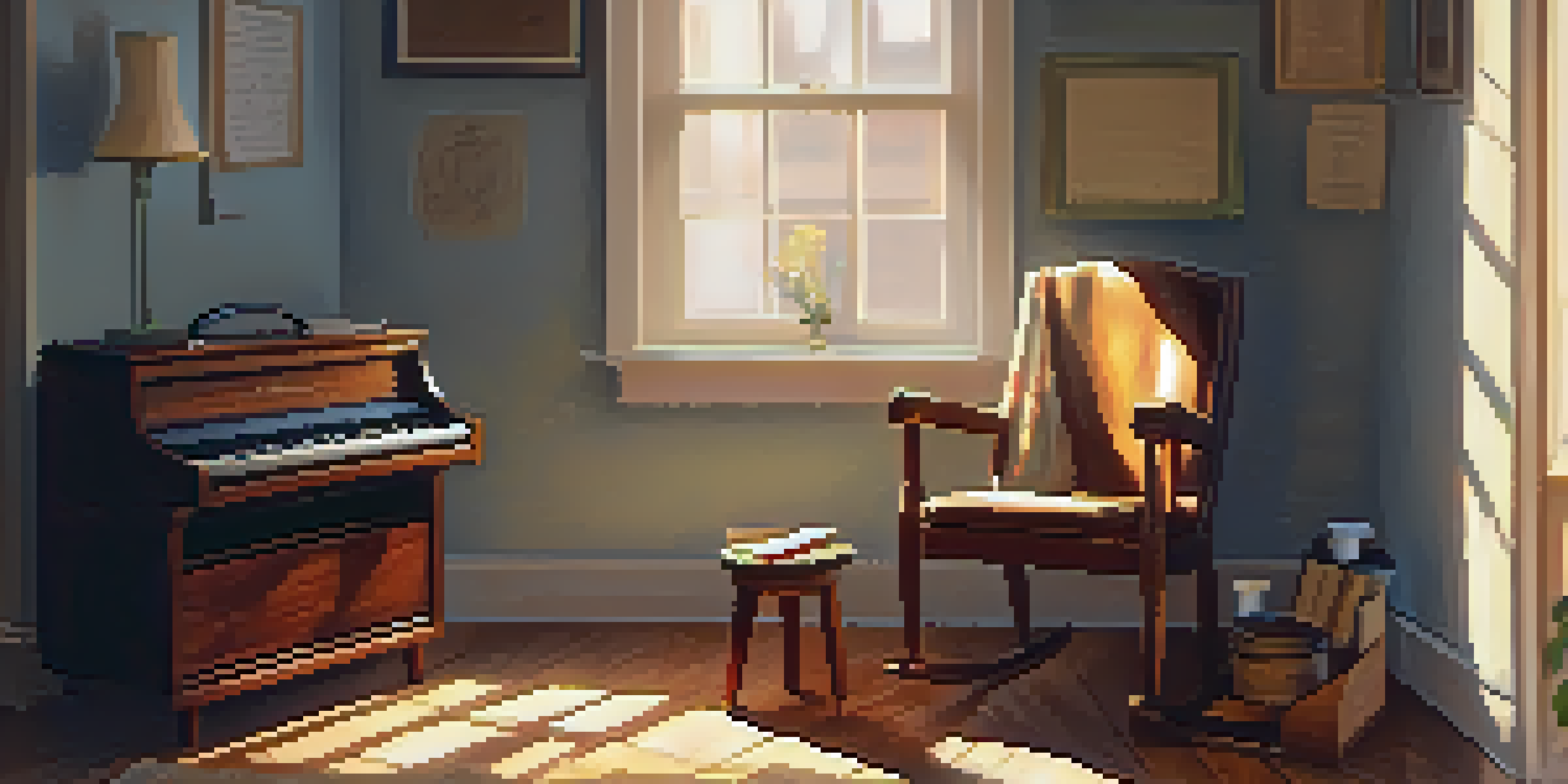 A warm, inviting room featuring a vintage guitar, a notebook with lyrics, and a cup of tea, all illuminated by soft sunlight.