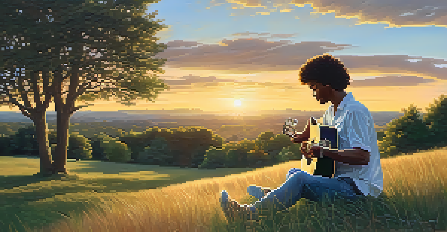 A guitarist sitting on a hill at sunset, surrounded by nature, playing their guitar.