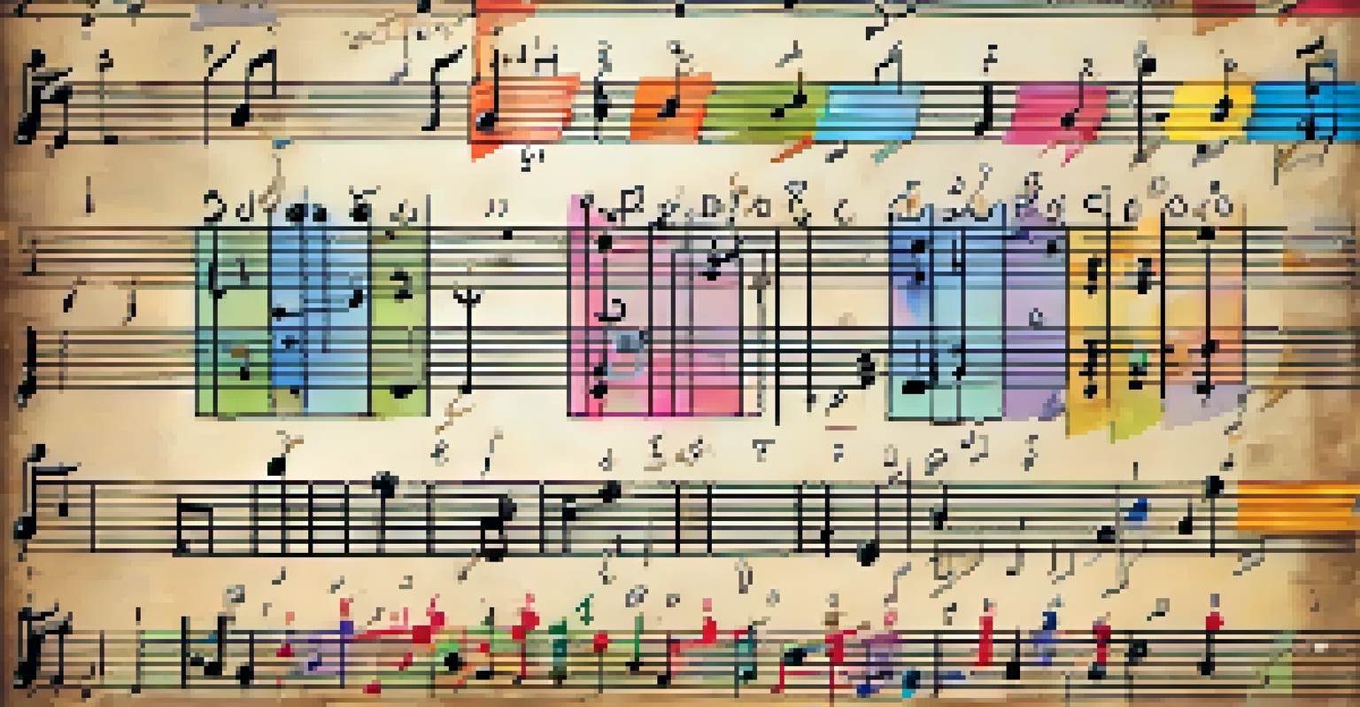 A colorful diagram of guitar chords on a music sheet placed on a wooden table.