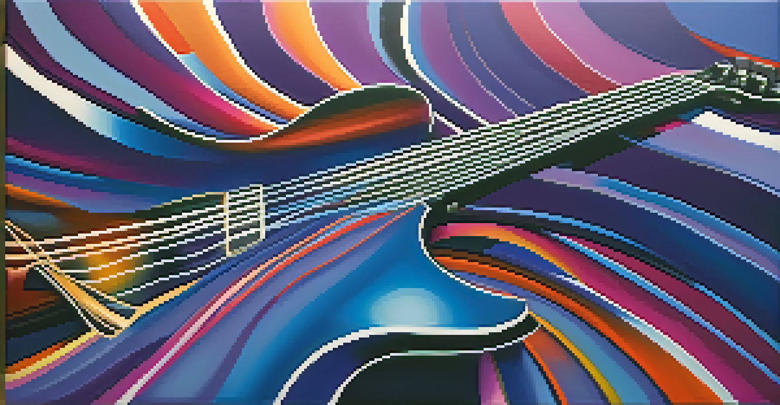 Colorful sound waves flowing from a guitar against a deep blue and purple background.