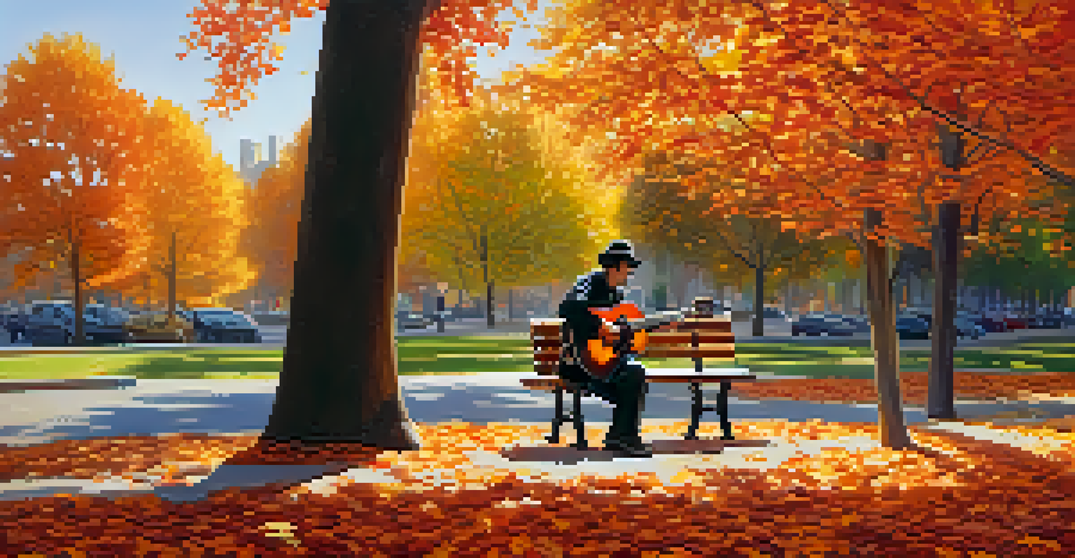 A guitarist playing on a park bench surrounded by colorful autumn leaves, with sunlight filtering through the trees.