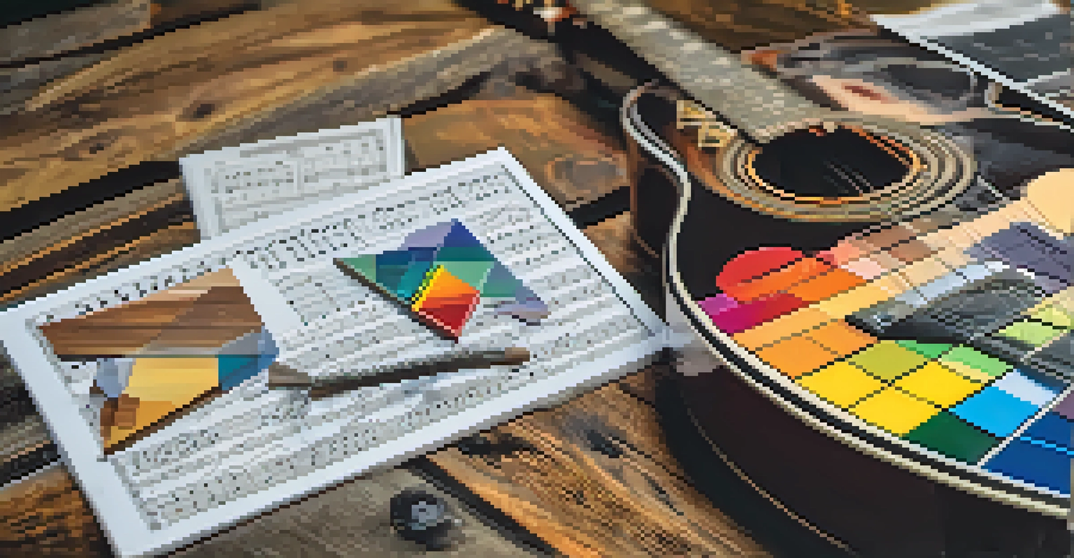 Close-up of colorful chord charts on a wooden table with a hand strumming a guitar.