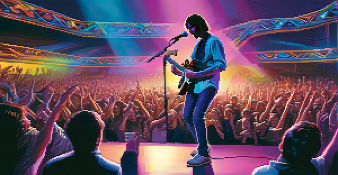 A guitarist performing on stage with colorful lights and an engaged crowd.