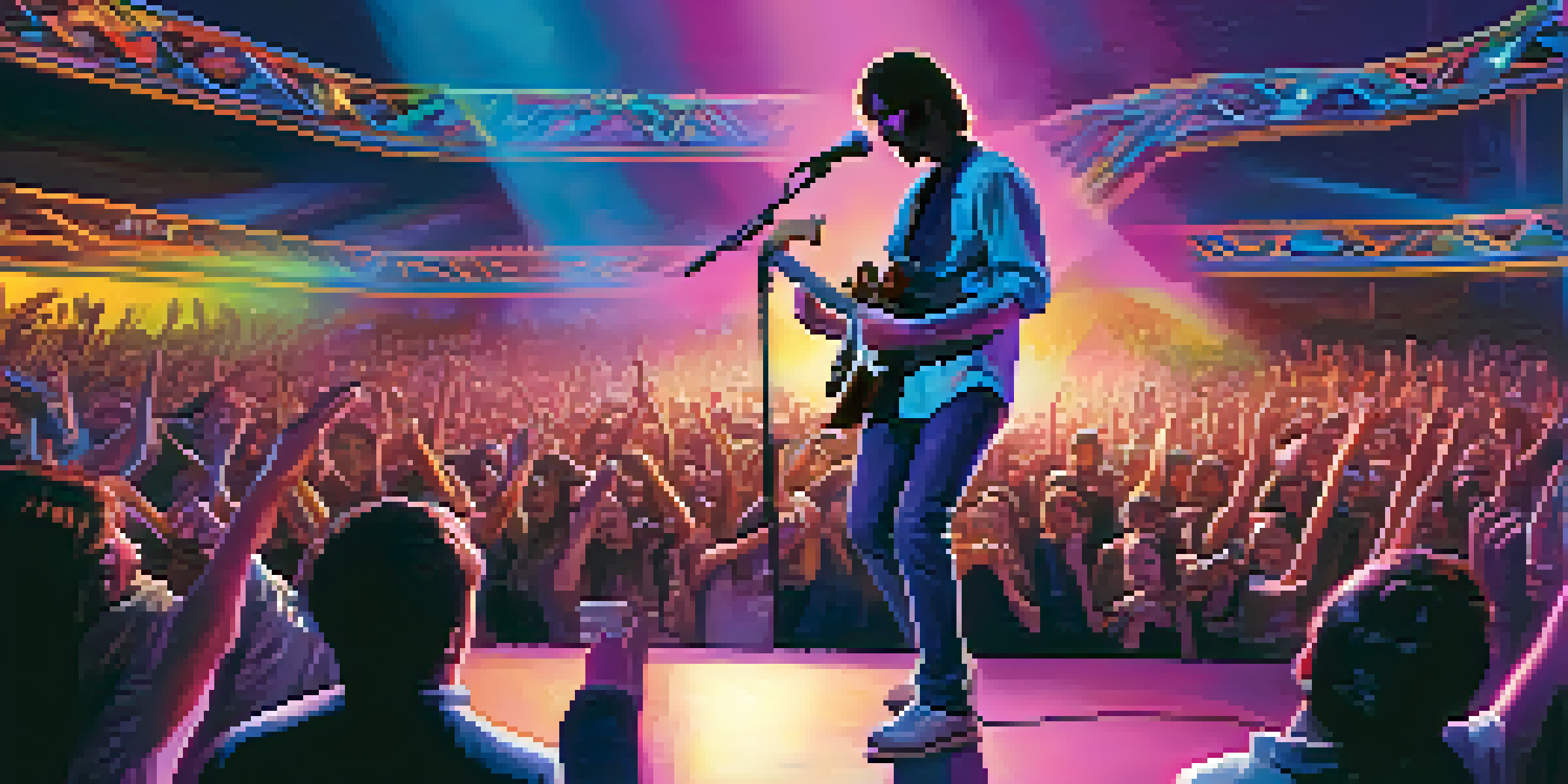 A guitarist performing on stage with colorful lights and an engaged crowd.