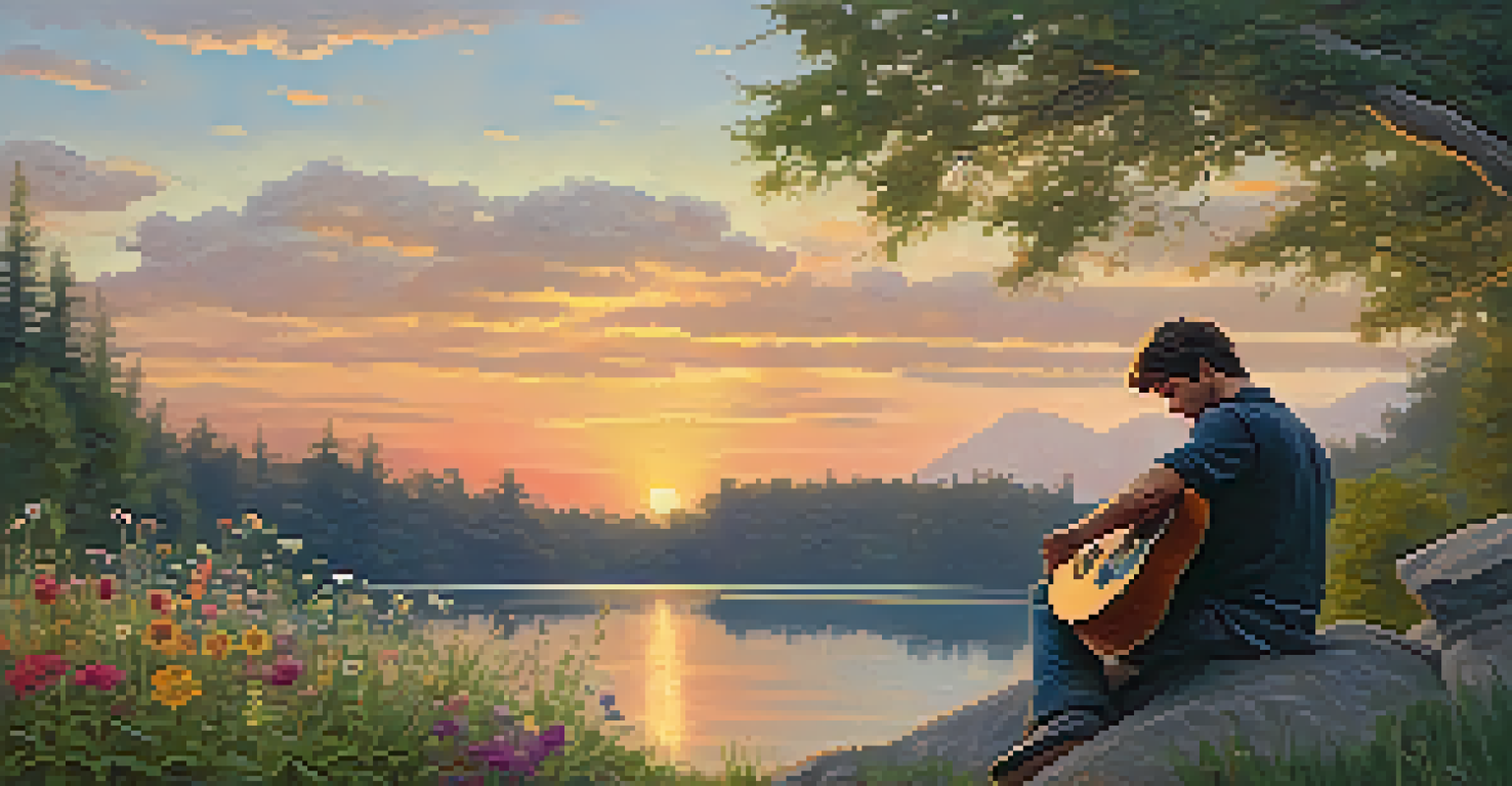 A guitarist sitting on a rock by a lake during sunset, playing music surrounded by nature's beauty.