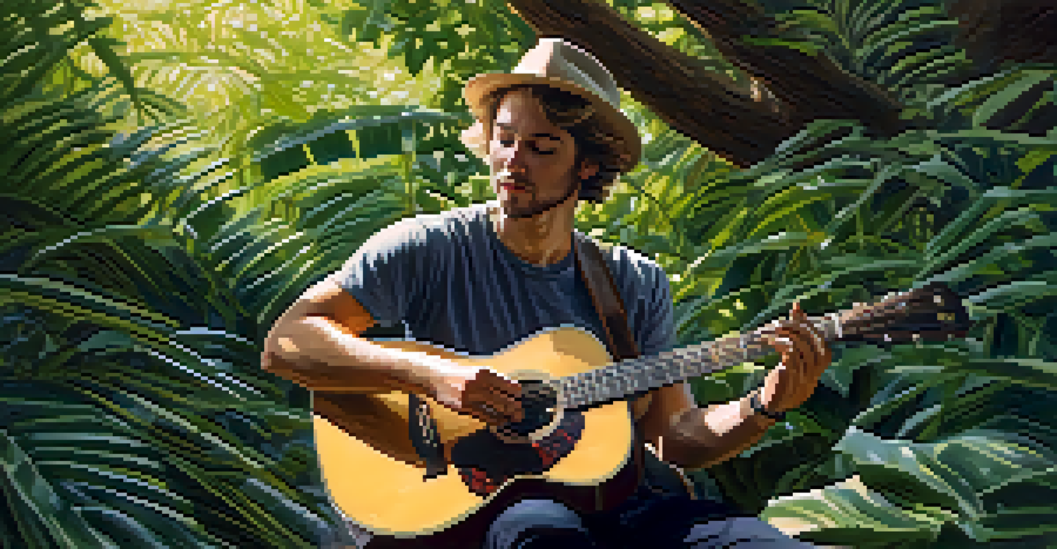 A musician playing guitar outdoors with a capo, surrounded by green foliage and sunlight.