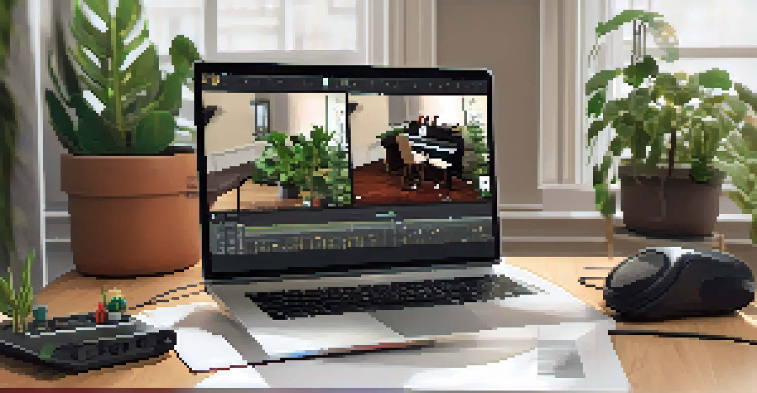 A virtual guitar lesson setup with a laptop displaying a video call between a guitar instructor and a student, surrounded by musical equipment.