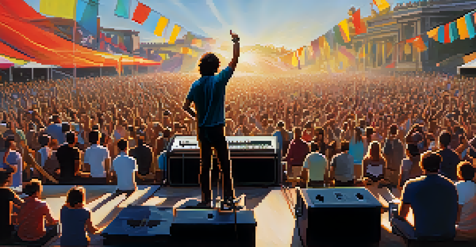 A guitarist performing at an outdoor music festival, using a wireless system, with a vibrant crowd and sunny backdrop.