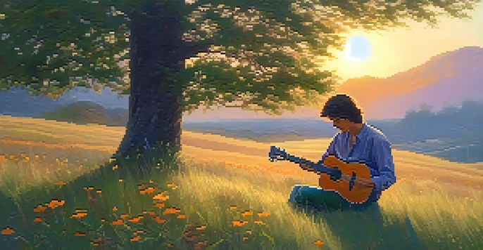 A guitarist playing gently on a grassy hill during sunset, surrounded by wildflowers and trees.