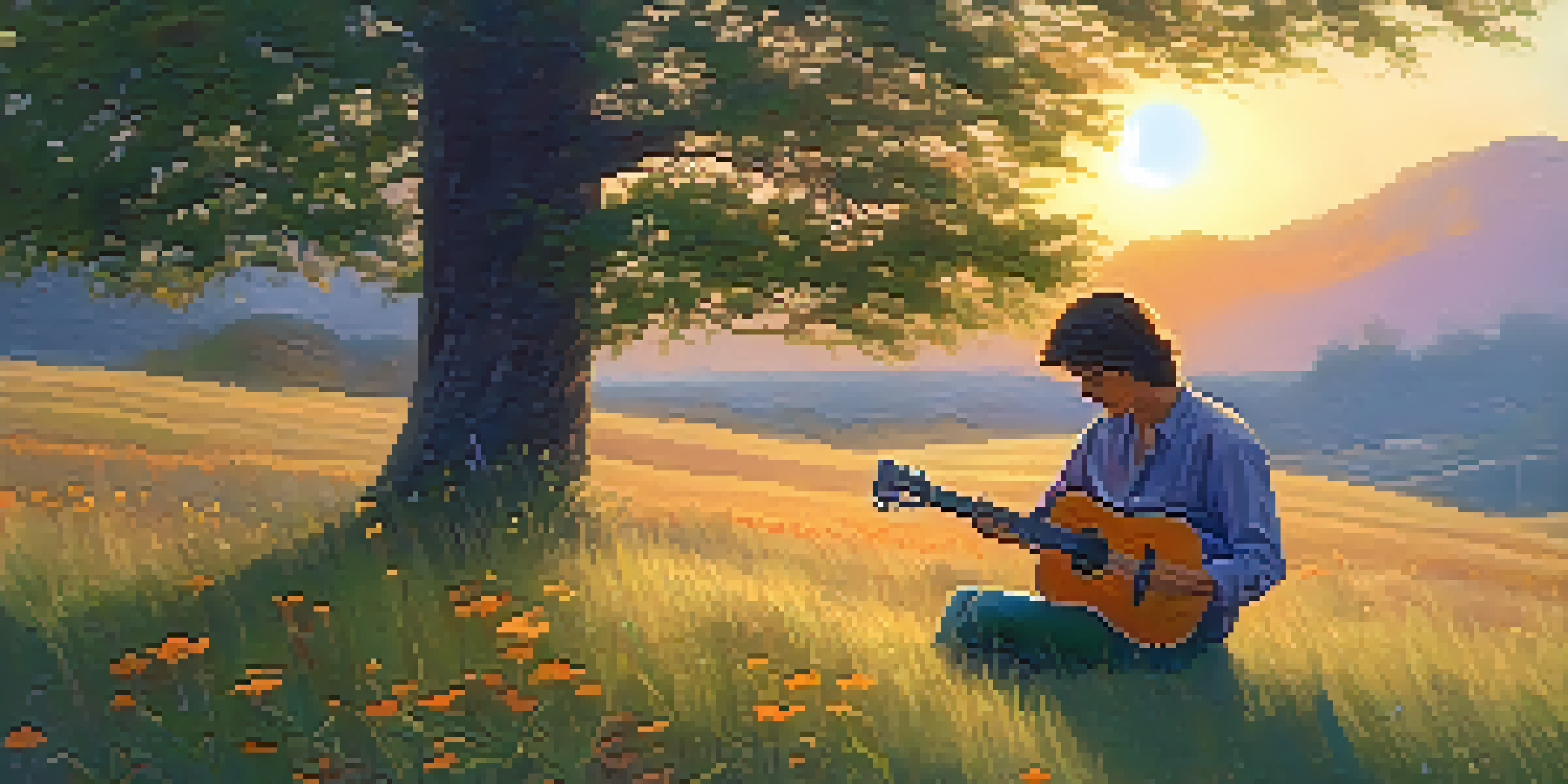 A guitarist playing gently on a grassy hill during sunset, surrounded by wildflowers and trees.