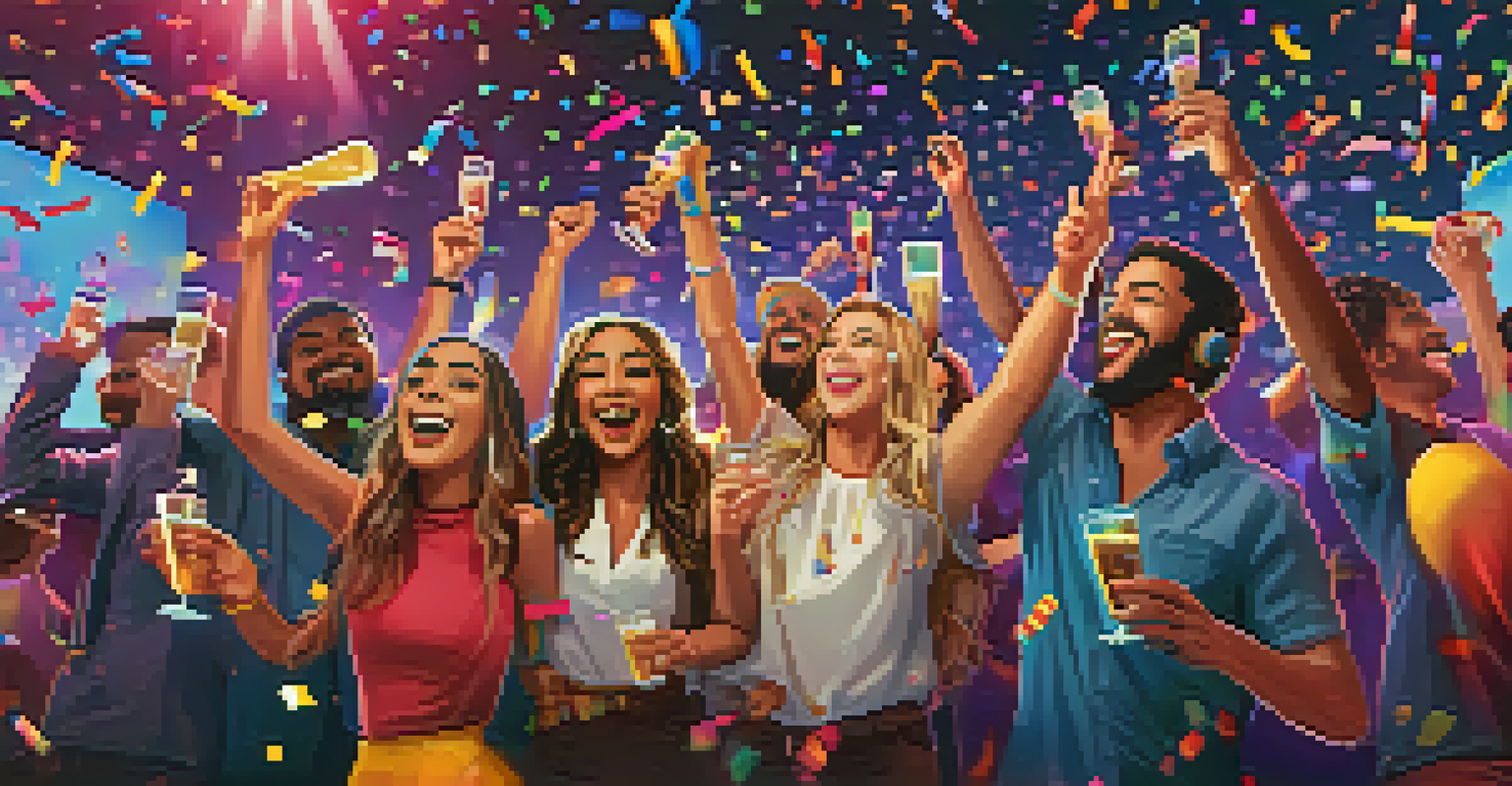 A group of musicians celebrating in a virtual hangout, raising glasses with colorful confetti in a joyful atmosphere.