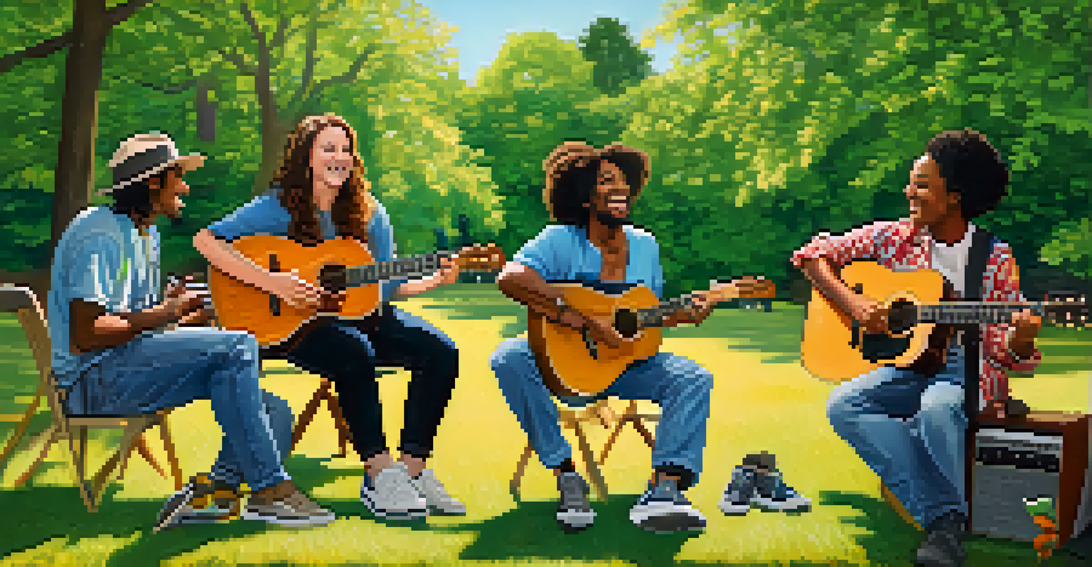 A group of friends having a fun jam session in a park, each holding a guitar and enjoying the moment under a bright blue sky.