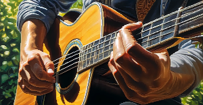A guitarist's hands playing an acoustic guitar in a sunlit outdoor setting.