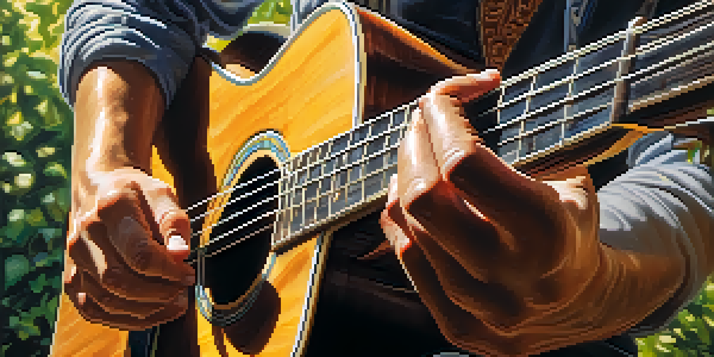 A guitarist's hands playing an acoustic guitar in a sunlit outdoor setting.