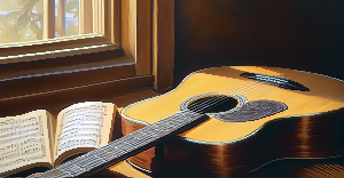 A close-up view of an acoustic guitar on a wooden table with sunlight illuminating its polished surface and scattered sheet music around it.