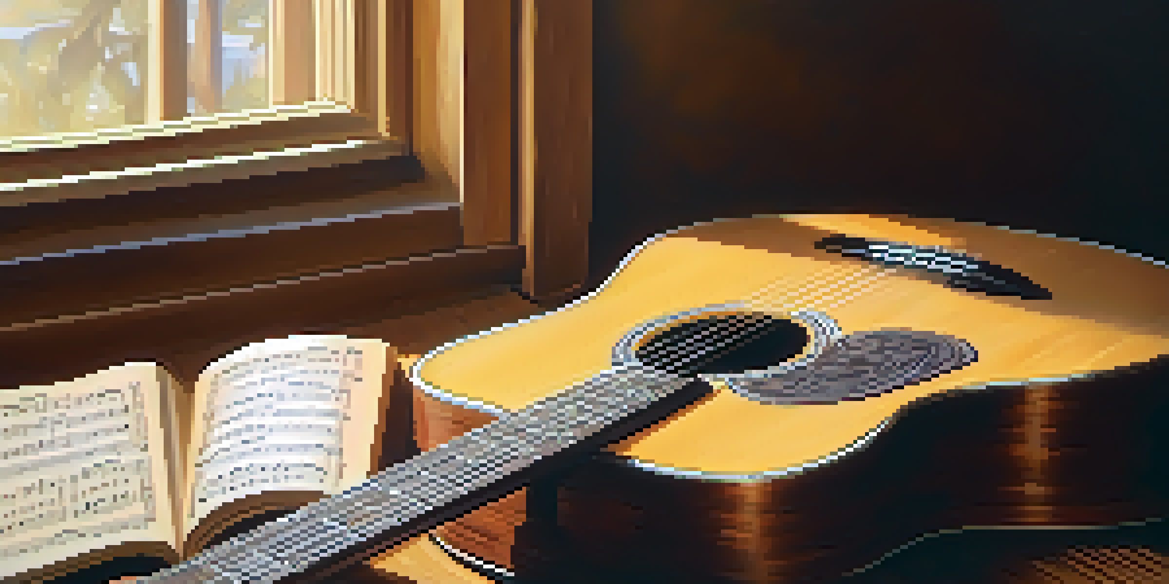 A close-up view of an acoustic guitar on a wooden table with sunlight illuminating its polished surface and scattered sheet music around it.