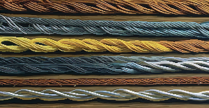 A close-up view of various guitar strings on a wooden surface, displaying both steel and nylon strings with detailed textures.