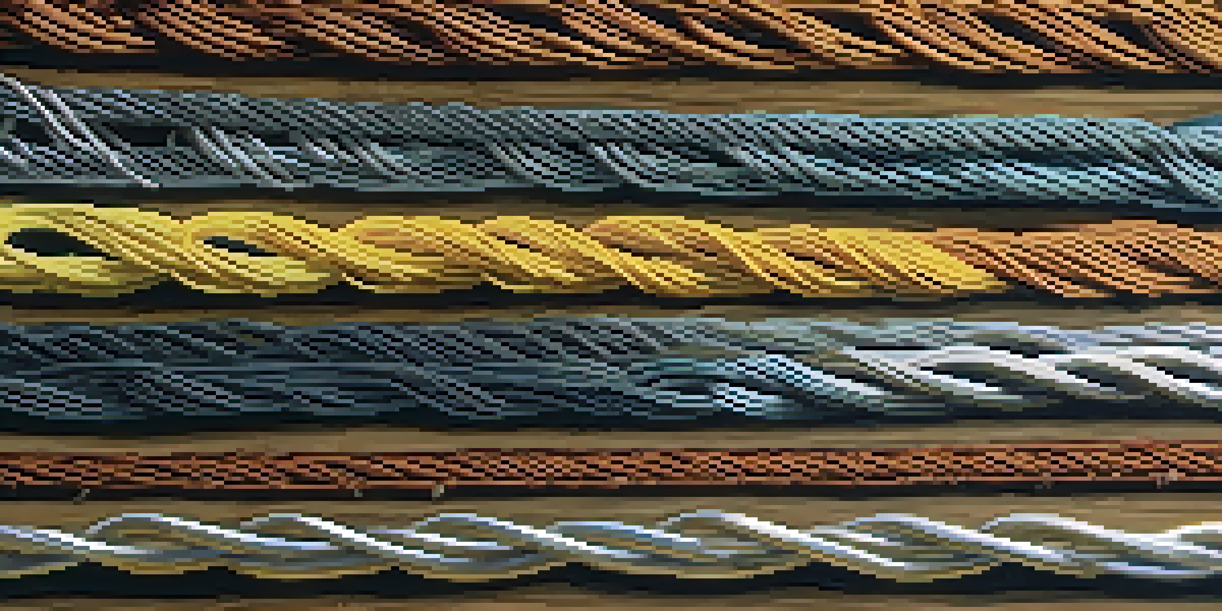 A close-up view of various guitar strings on a wooden surface, displaying both steel and nylon strings with detailed textures.