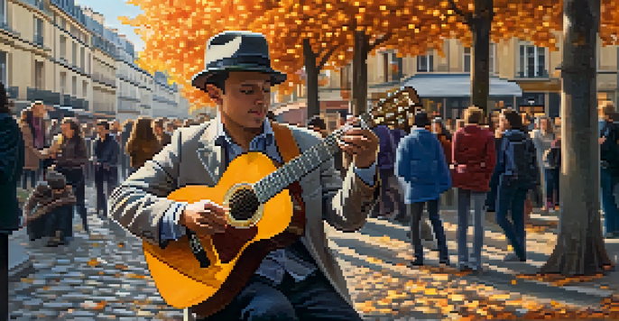 A street performer playing an acoustic guitar in Paris, surrounded by autumn leaves and historic buildings, with an audience enjoying the music.
