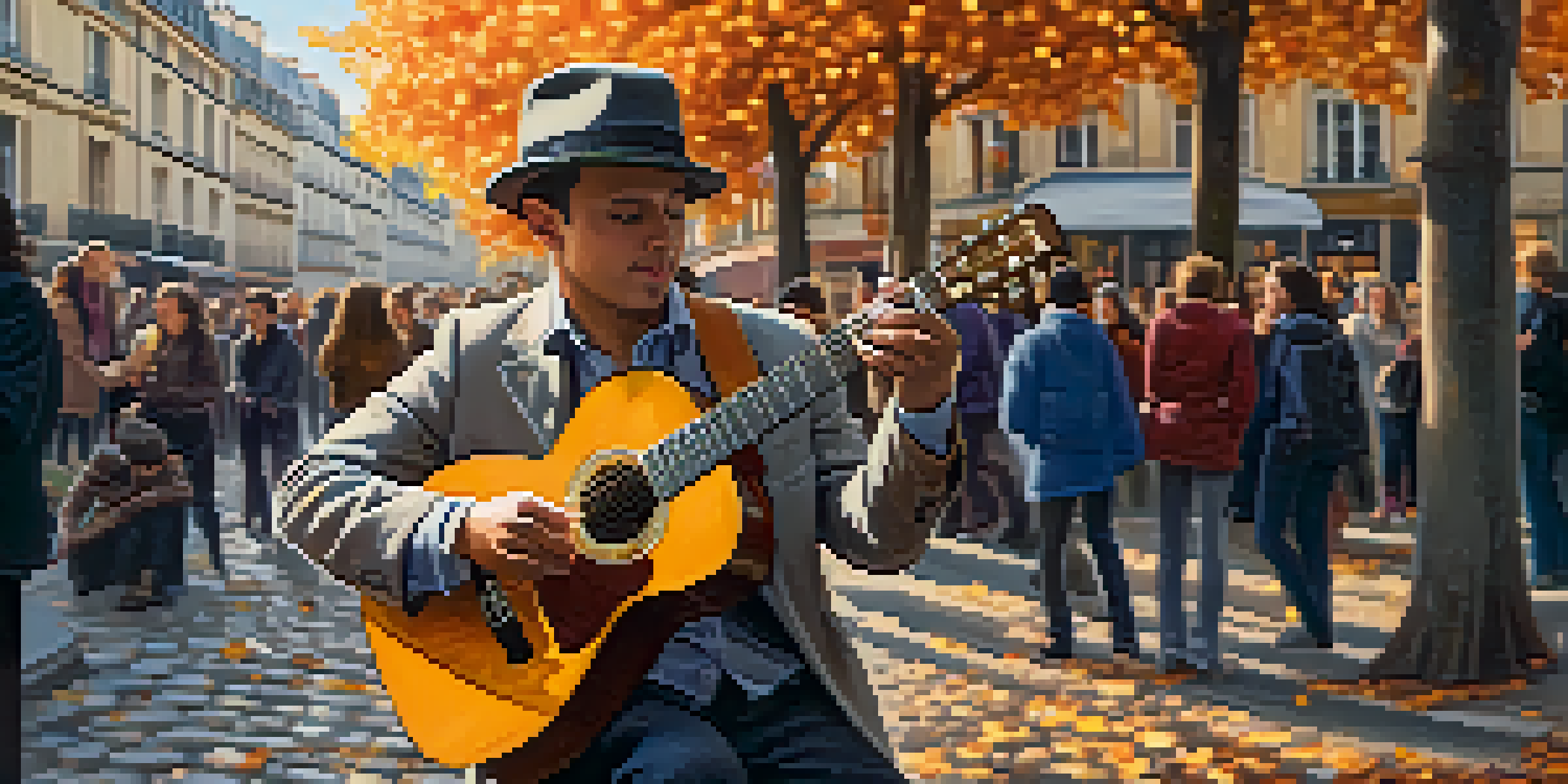 A street performer playing an acoustic guitar in Paris, surrounded by autumn leaves and historic buildings, with an audience enjoying the music.
