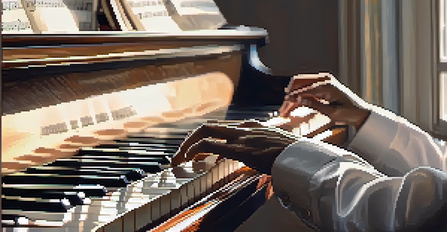 A close-up of a musician's hands playing the piano, showcasing the artistry and focus in a serene environment.