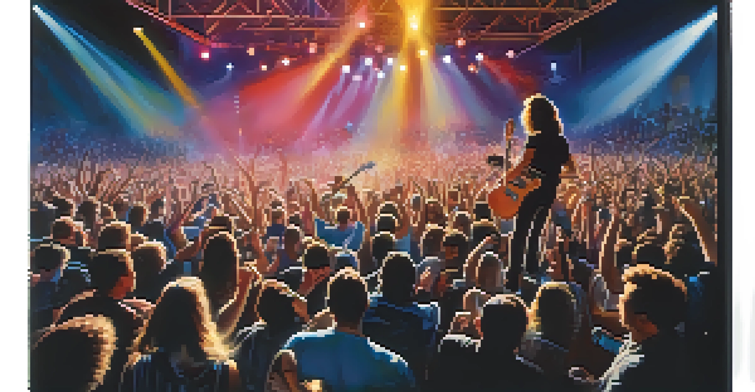 A guitarist performing on stage at a rock concert, with bright lights and an enthusiastic crowd.
