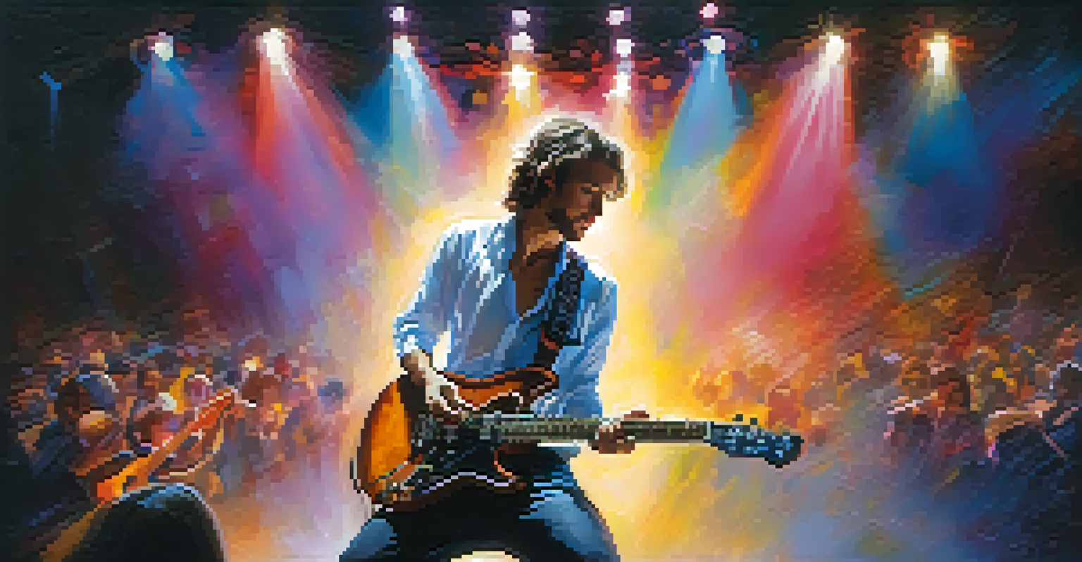 A guitarist performing on stage with colorful lights, showcasing tapping techniques while engaging the audience.