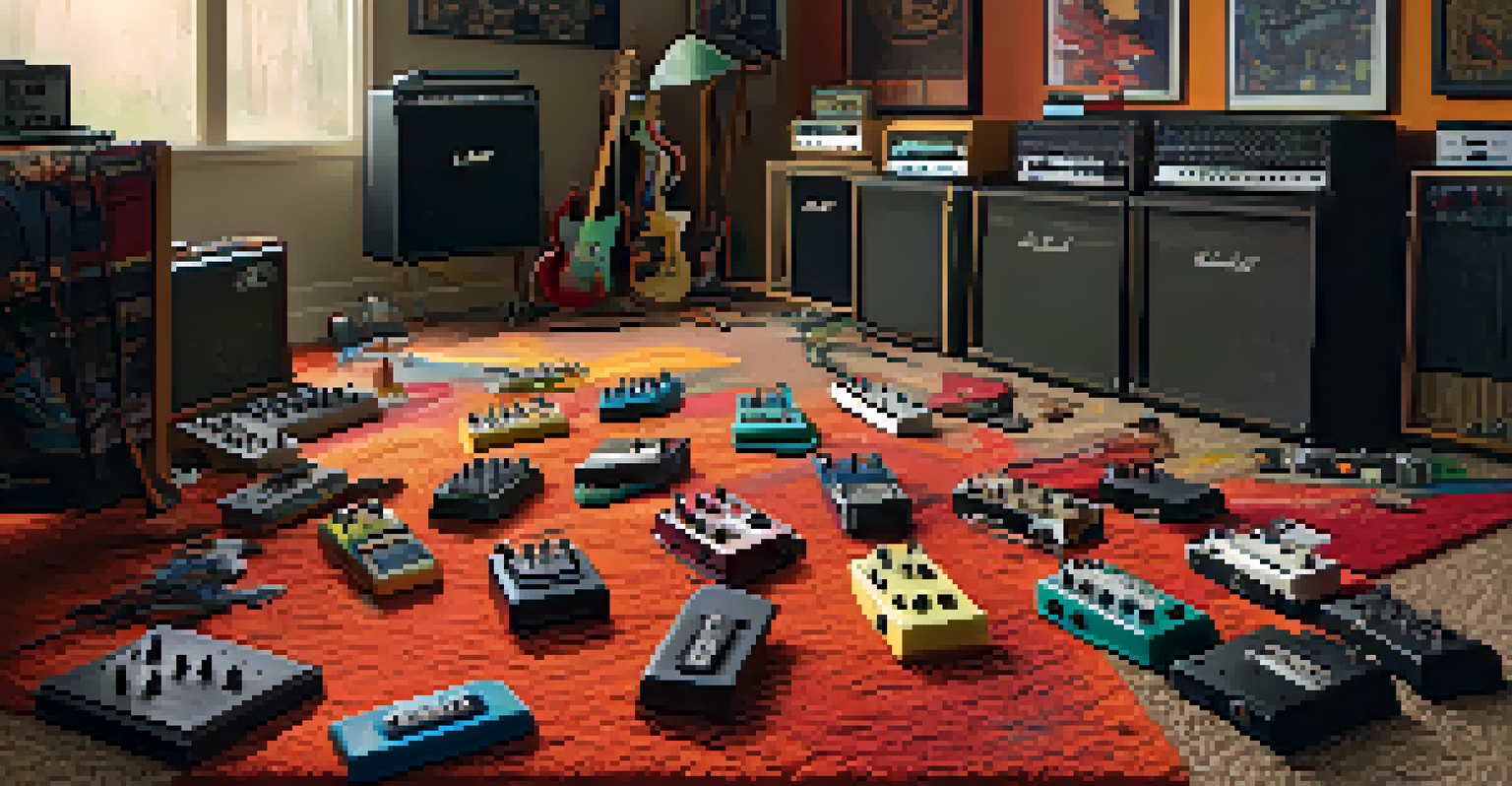 An artist's workspace with various colorful effects pedals on a textured carpet and a guitar in the background.
