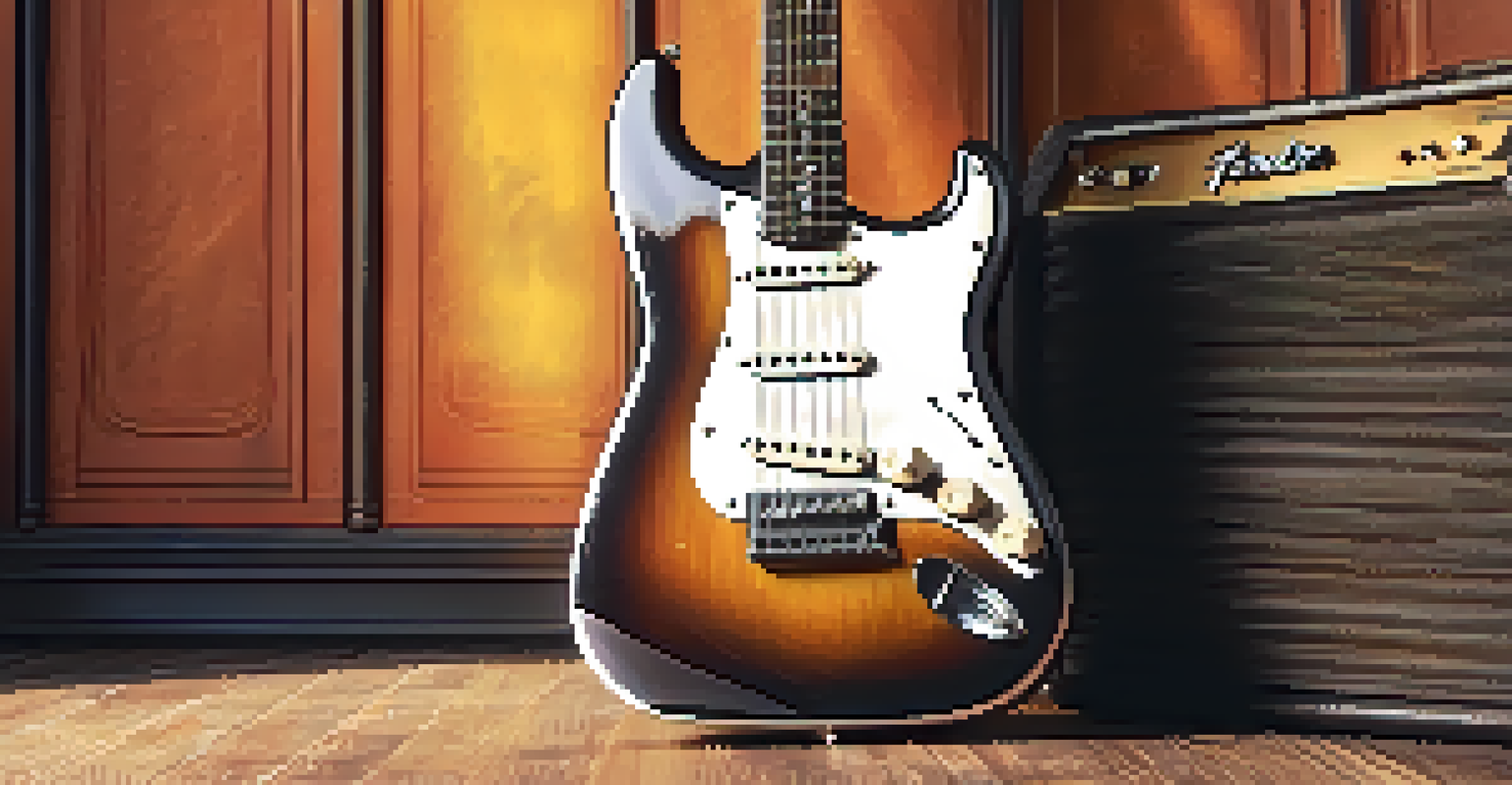 Classic Fender Stratocaster guitar leaning against a vintage amplifier with sun rays filtering through a window.