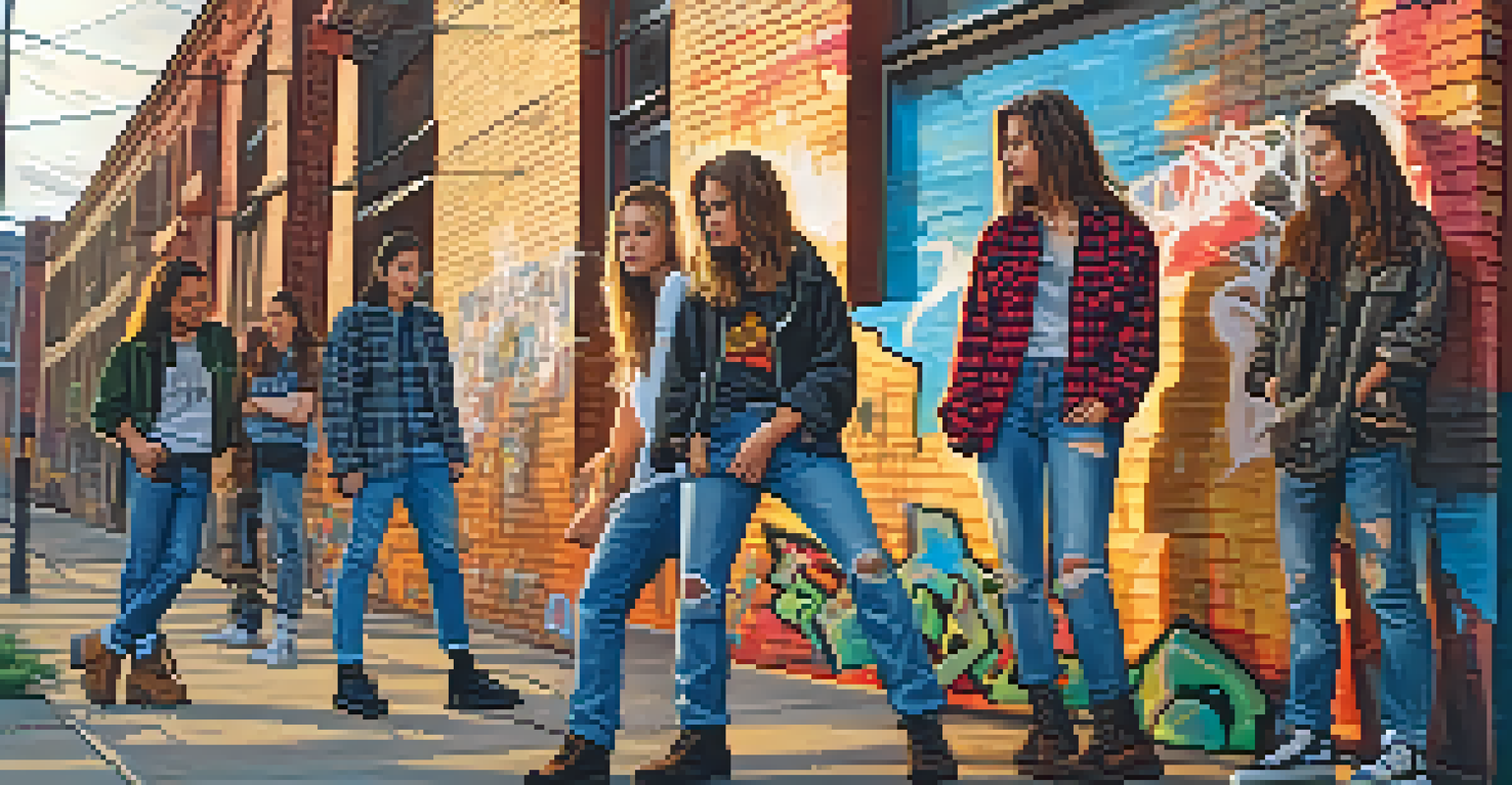A street scene with young people in 90s grunge fashion, gathered around a colorful graffiti wall at sunset.