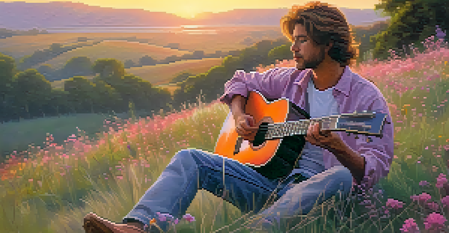 A guitarist sitting on a grassy hill at sunset, playing an acoustic guitar with a colorful sky in the background.