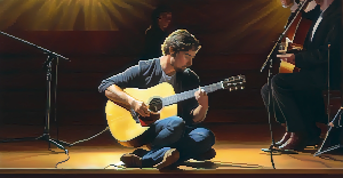 A musician performing on stage with an acoustic guitar, surrounded by a blurred audience, bathed in warm golden light.