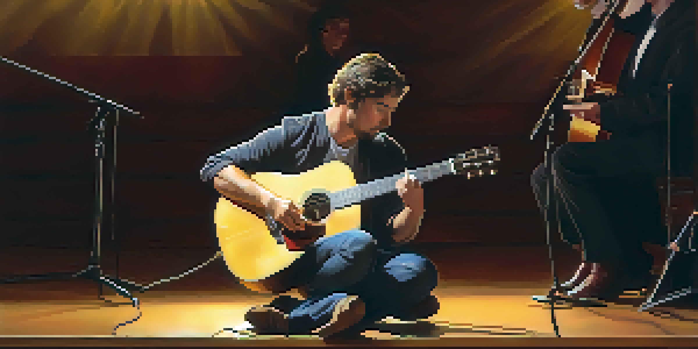 A musician performing on stage with an acoustic guitar, surrounded by a blurred audience, bathed in warm golden light.