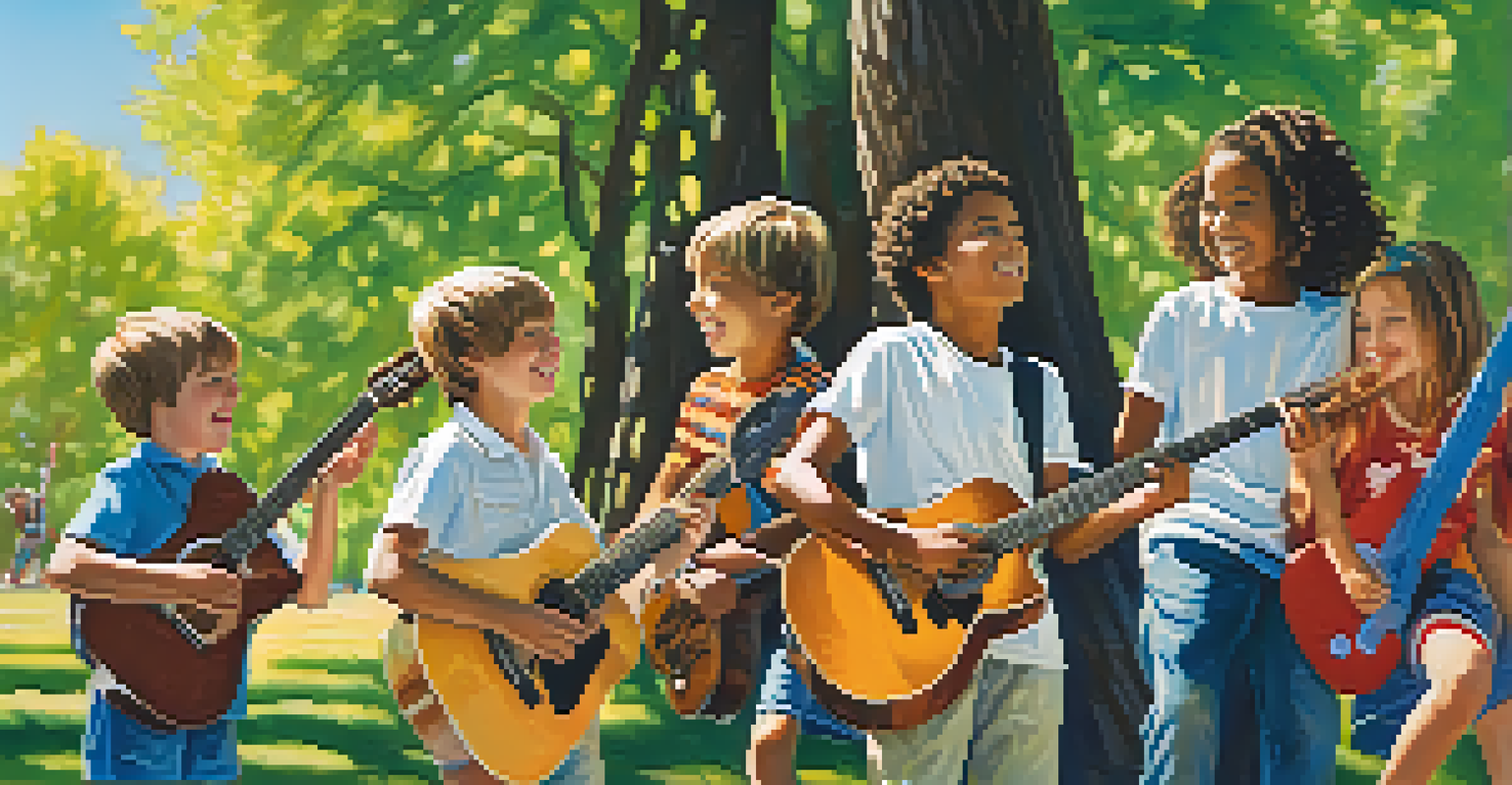 A group of children playing guitars in a sunny park, laughing and enjoying music together.
