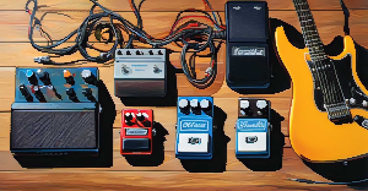 A flat lay of colorful effects pedals and cables on a wooden surface with guitar picks and sheet music.