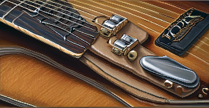 A close-up view of a leather guitar strap on an acoustic guitar, showcasing warm tones and intricate textures.