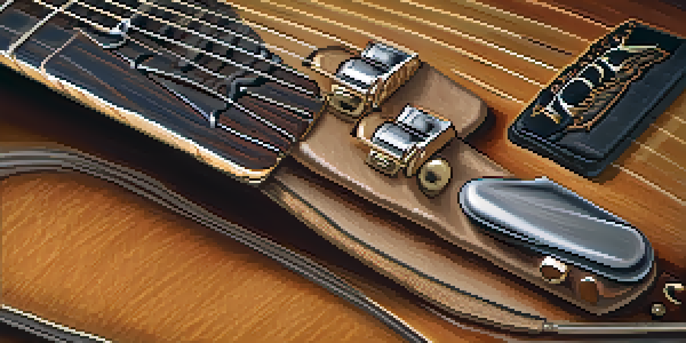 A close-up view of a leather guitar strap on an acoustic guitar, showcasing warm tones and intricate textures.