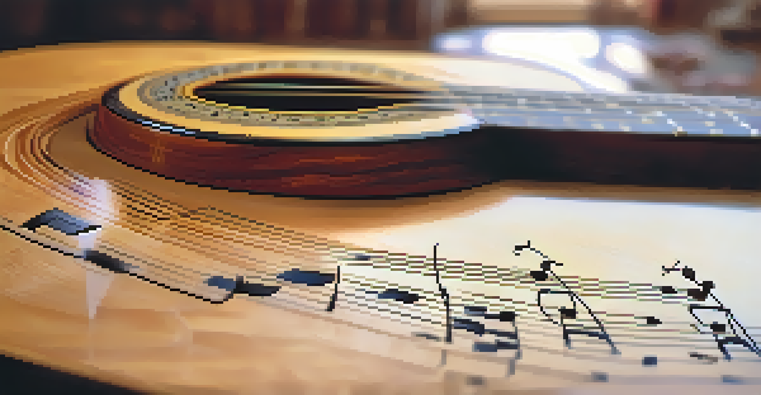 A close-up of a beautifully crafted Renaissance guitar, showcasing its intricate design, polished wood, and strings, with sheet music in the background.