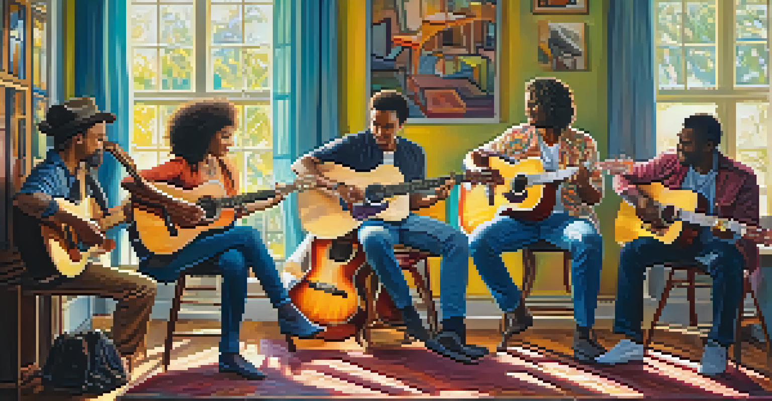 A diverse group of musicians joyfully playing budget-friendly guitars in a sunlit room.