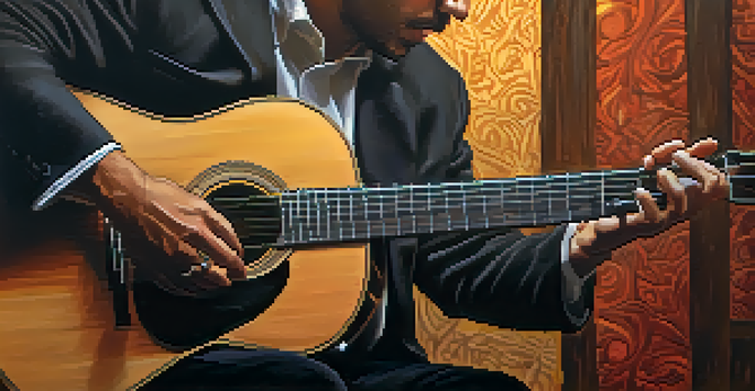 A guitarist's hands playing a flamenco guitar in a rustic Spanish setting, showcasing intricate fingerpicking techniques.